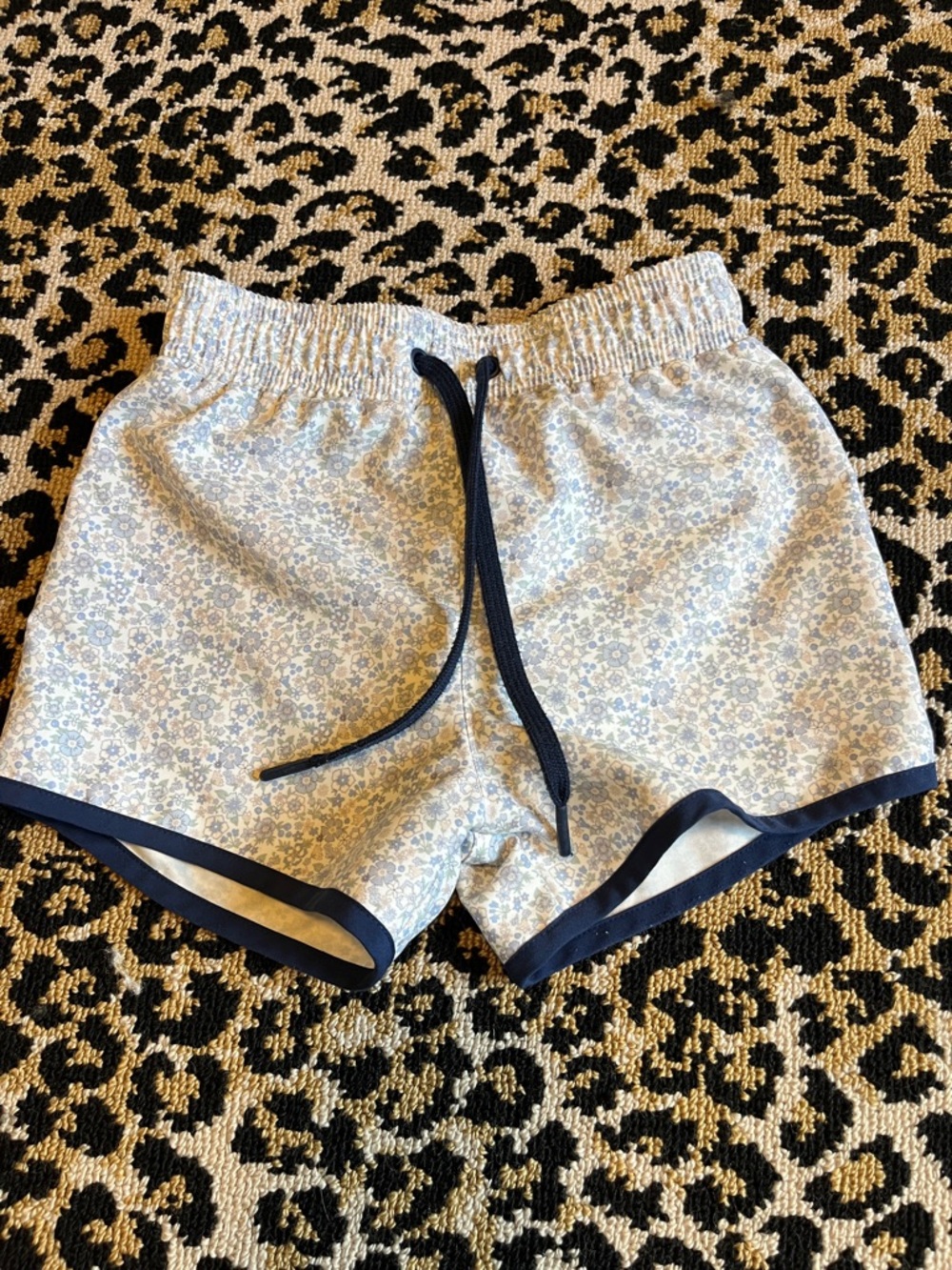 Minnow Swim, Boys Light Blue Floral Swim Trunks with Navy Trim size 5/6